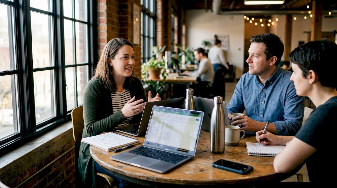Entrepreneur meeting with clients at coworking space