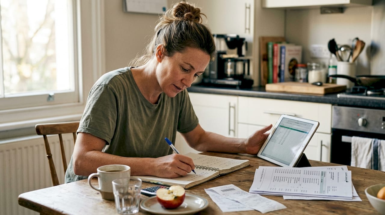 Entrepreneur planning finances at kitchen table