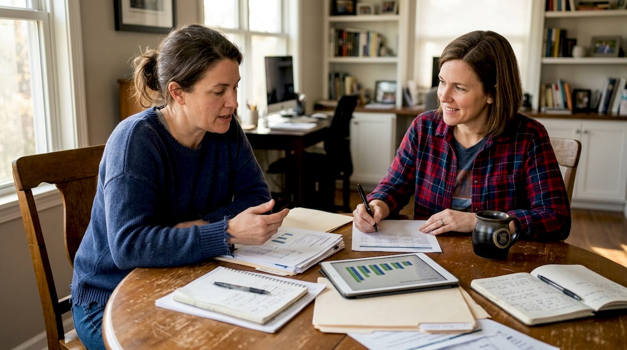 Women reviewing funding data at home office table