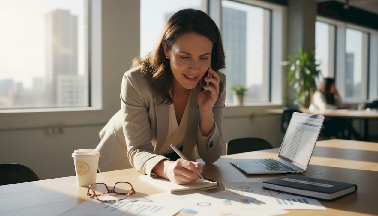 Woman coaching sales call in coworking space