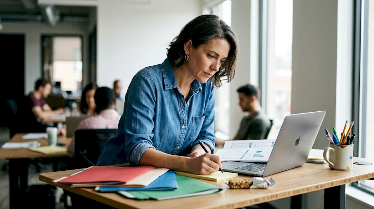 Woman reviewing price confidently at desk