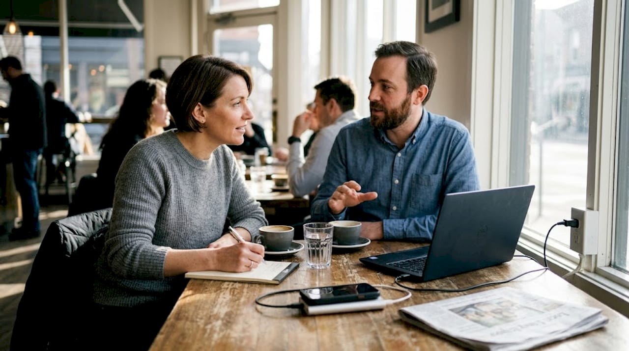 Sales consultant listening to client in café