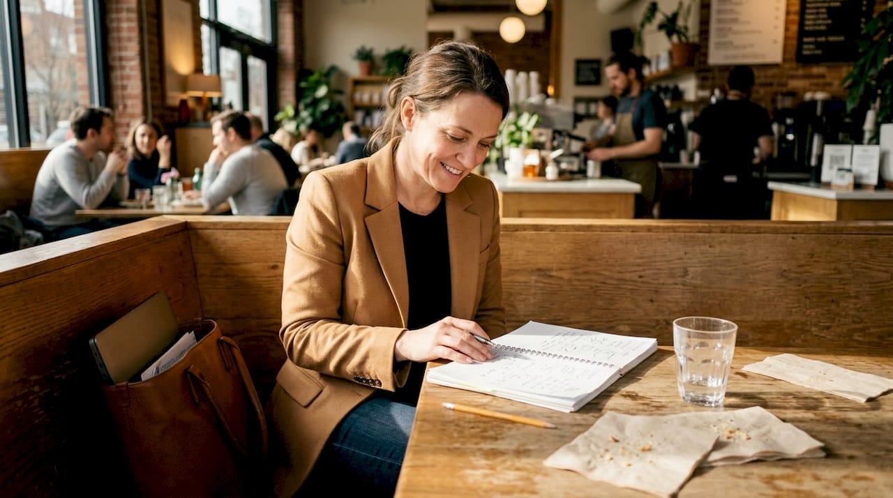 Businesswoman reviewing notes before sales consult