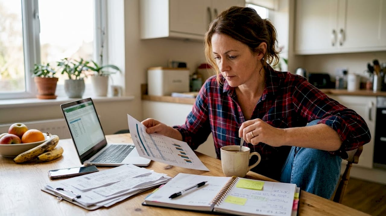 Businesswoman reviewing sales report in kitchen