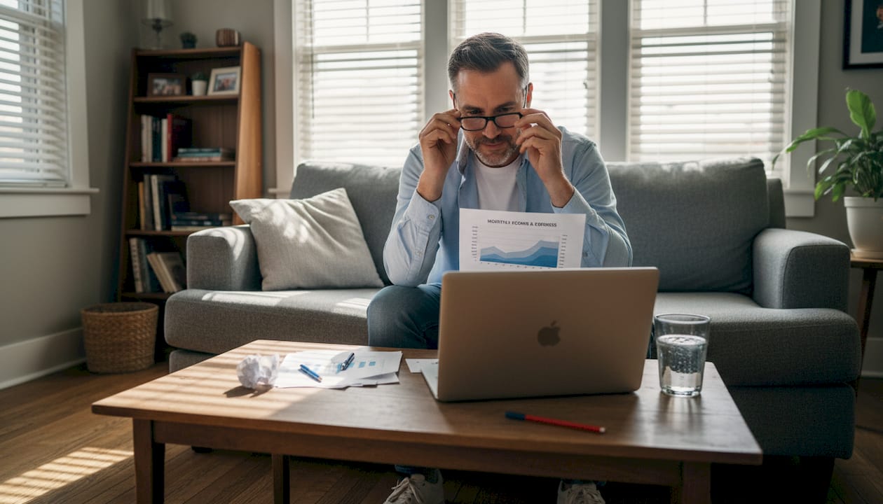 Man reviews income chart on living room sofa
