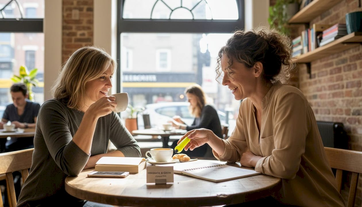 Women entrepreneurs discussing ideas in café