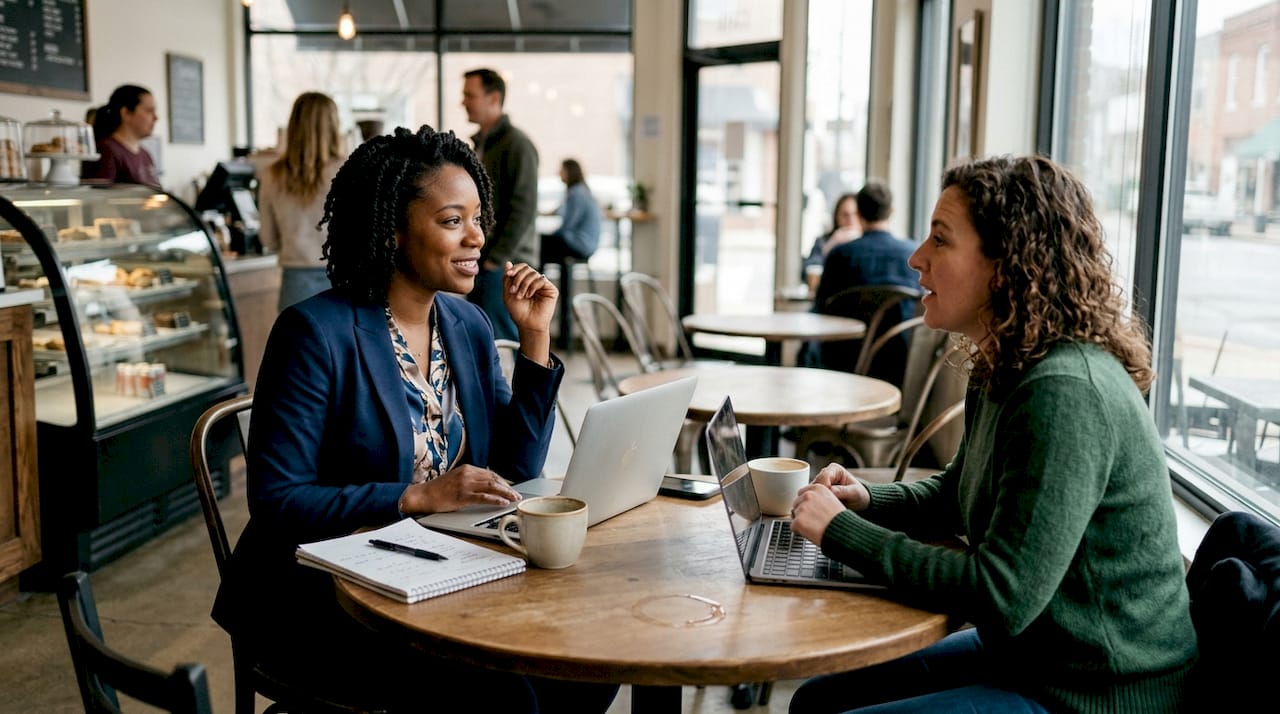 Women discussing pricing changes in a café meeting