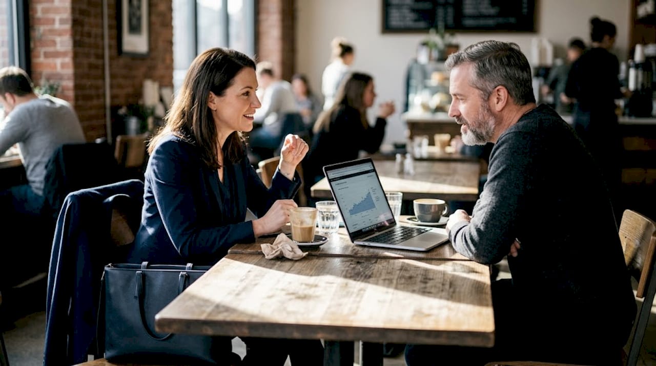 Women entrepreneurs negotiating pricing in café