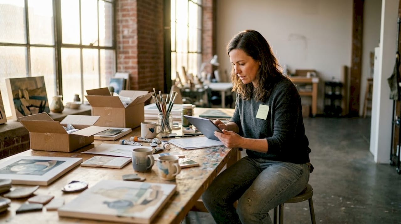 Woman calculating pricing in art studio workspace