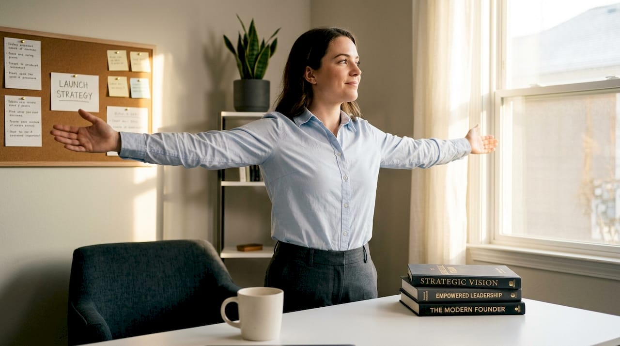 Woman practicing power pose in home office