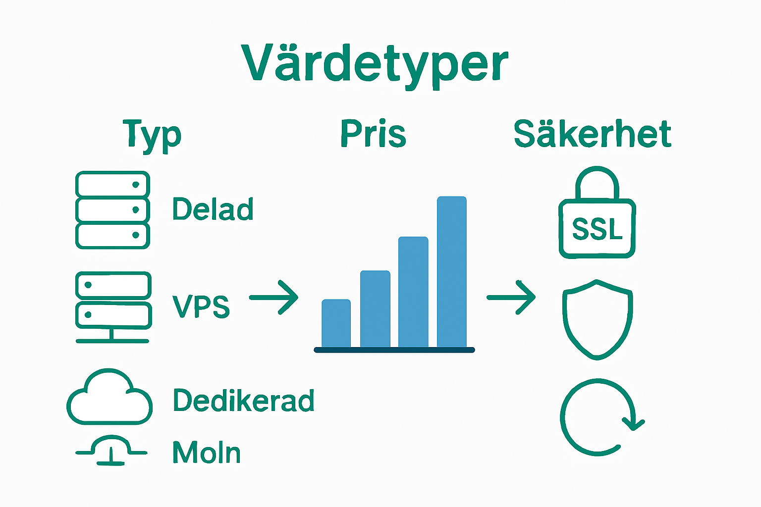 Infografik som jämför hostingtyper, priser och säkerhetsfunktioner.