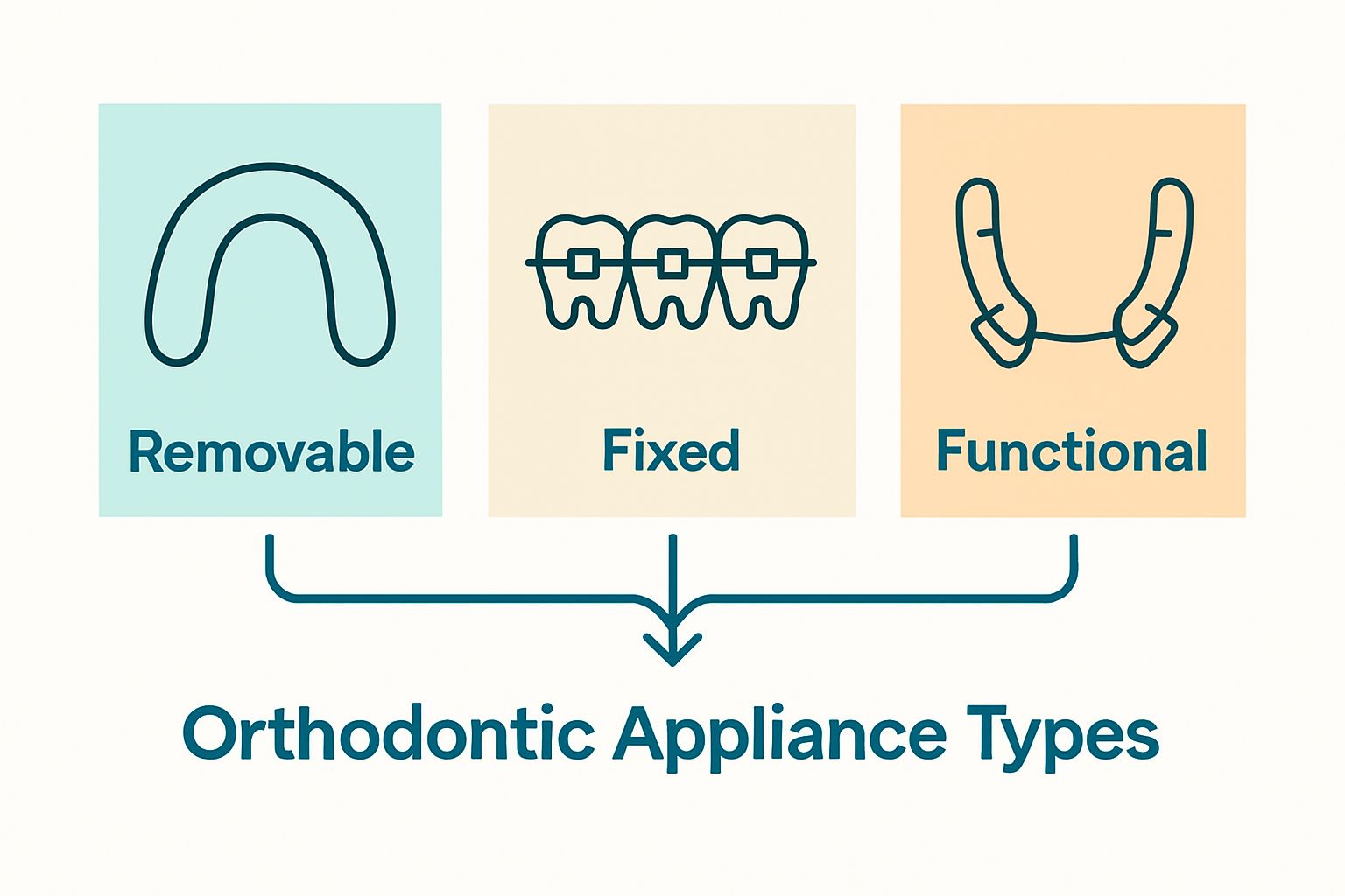 Visual summary of three main orthodontic appliance types: removable, fixed, and functional.