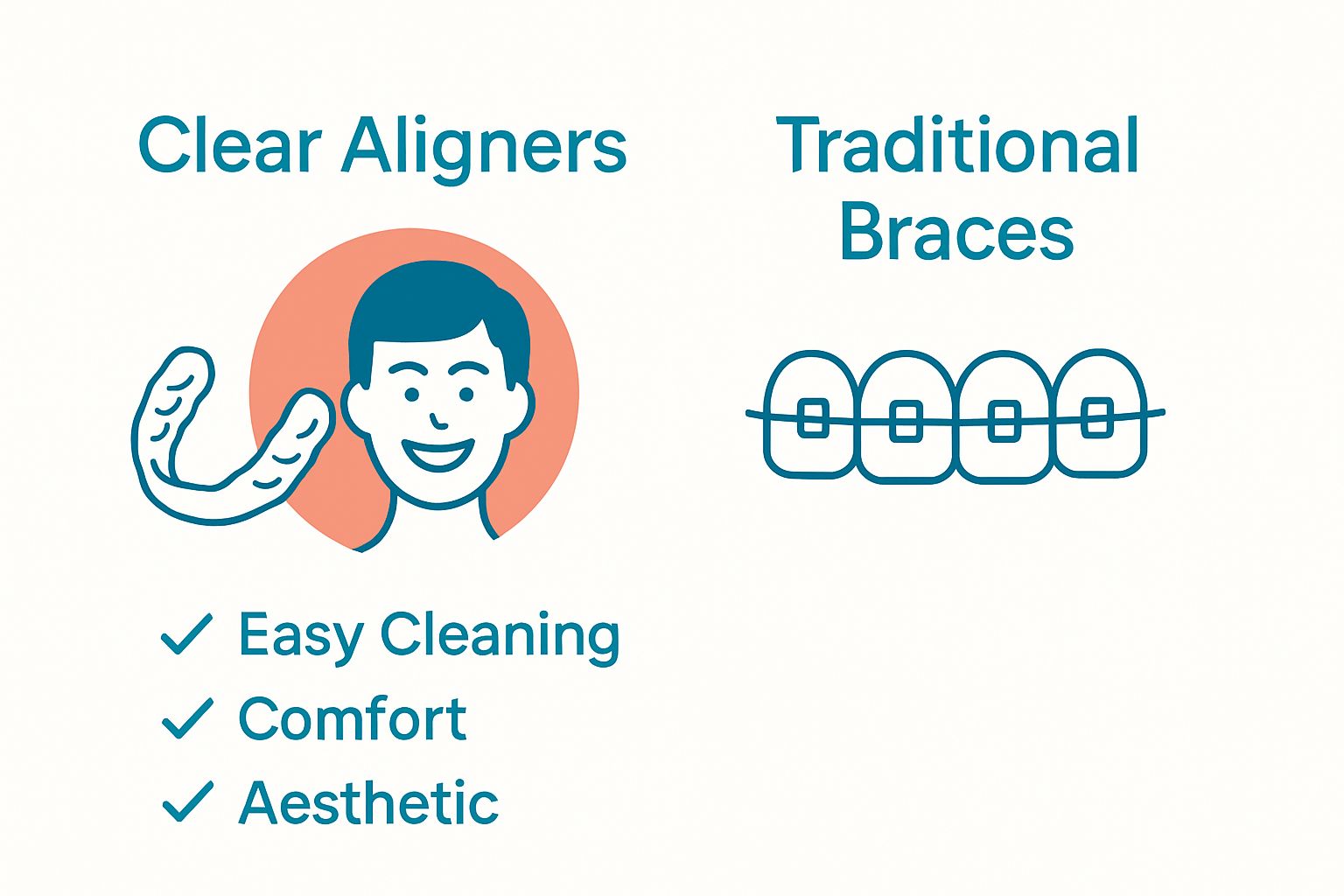 Infographic comparison of clear aligners and traditional braces with icons and three key benefits.