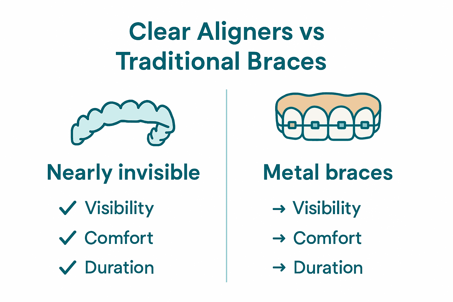 Infographic comparing clear aligners vs traditional braces benefits and durations