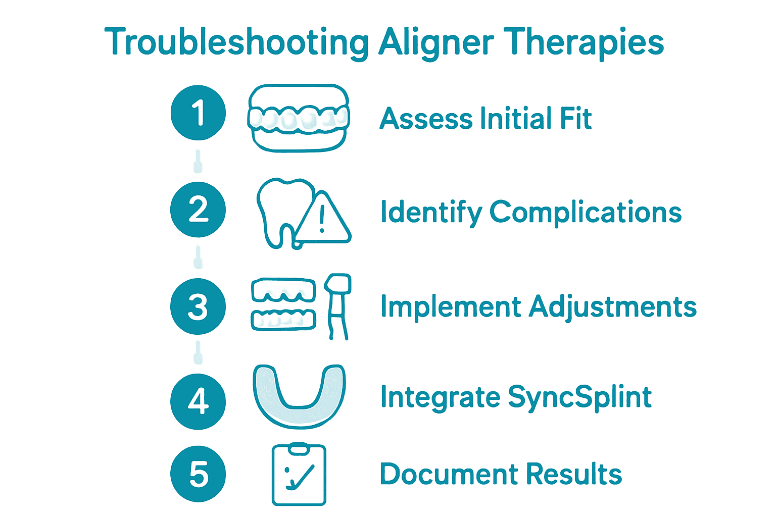 Infographic showing five troubleshooting steps for aligner therapies.