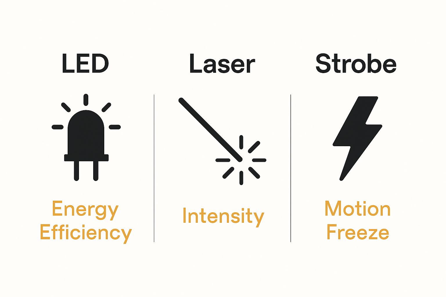 Infographic comparing LED, laser, and strobe disco lights