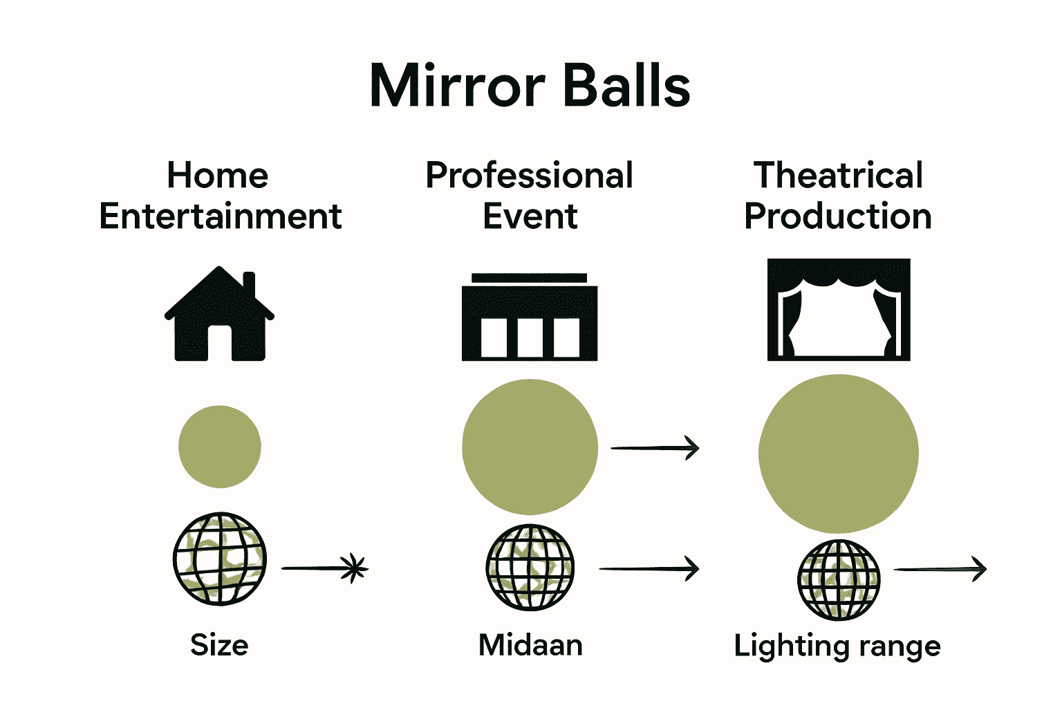 Infographic comparing main types of mirror balls and their light effects.
