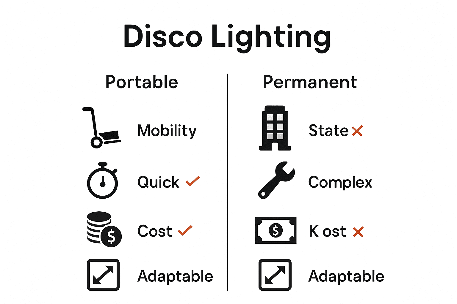 Infographic comparing portable and permanent disco lighting systems on mobility, setup time, cost, and adaptability.