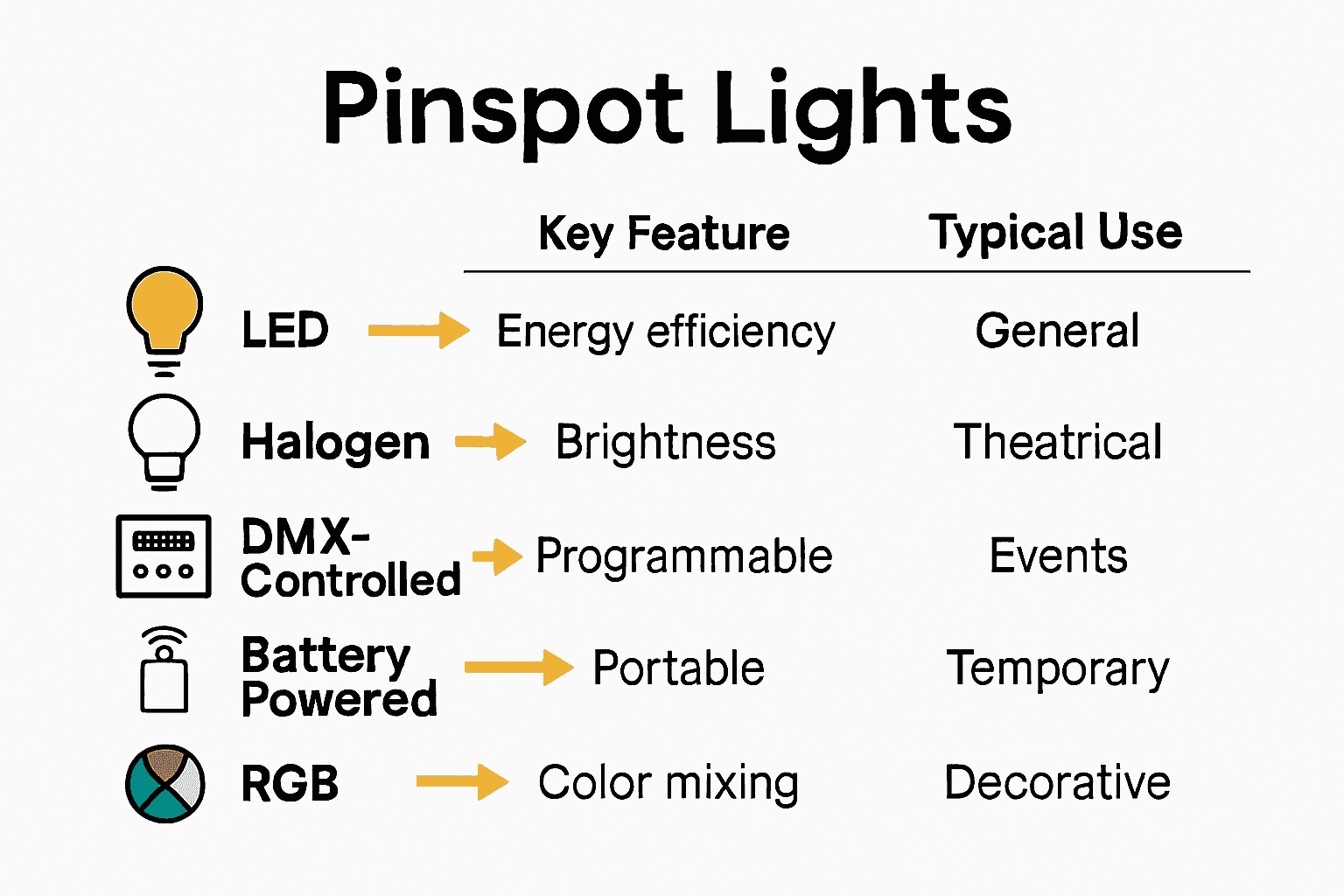 Infographic compares five pinspot light types with key uses and icons.