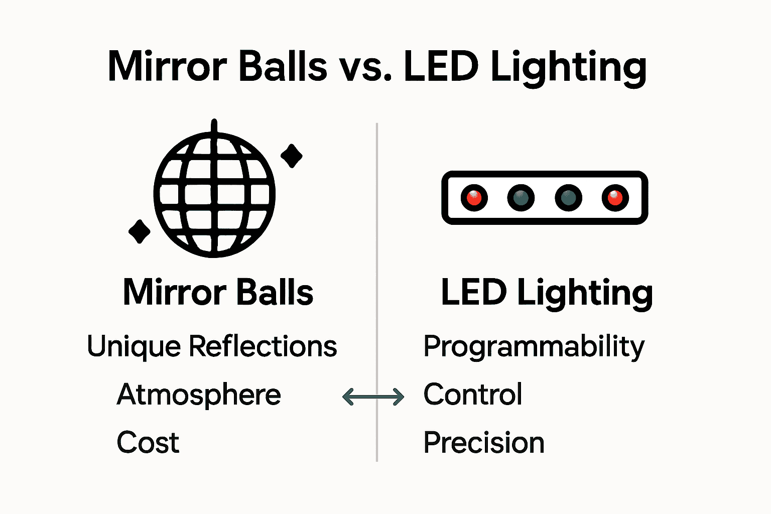 Infographic comparing mirror balls and LED lighting for events.