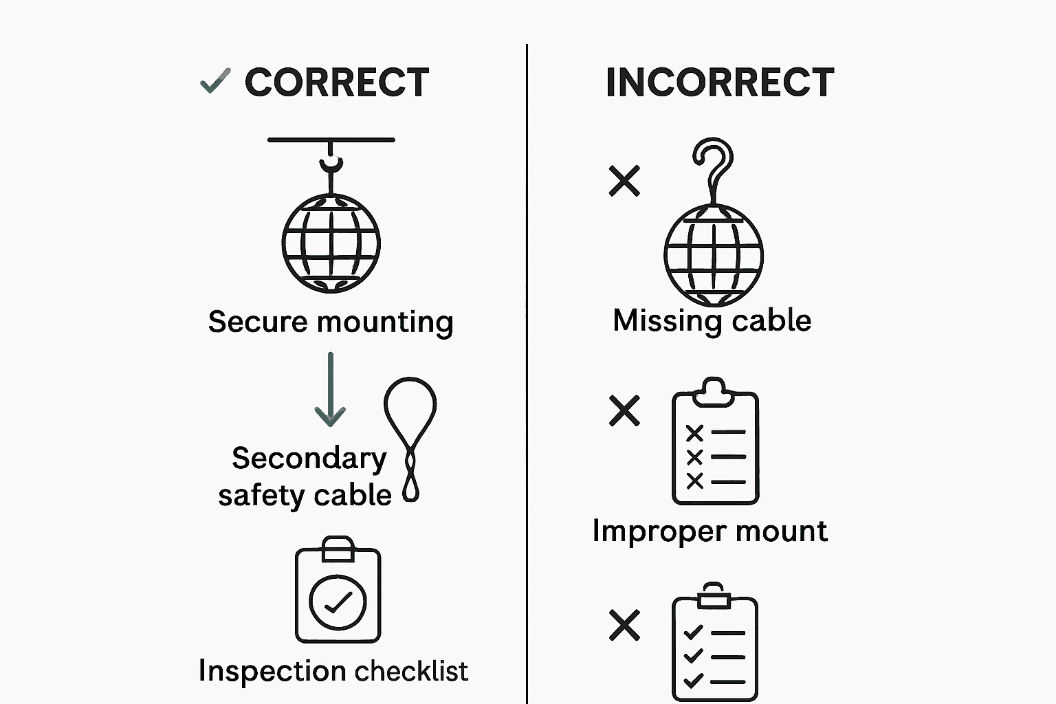 Infographic comparing proper and improper mirror ball installation safety measures