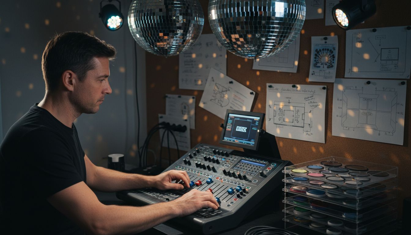Technician operating DMX lighting for mirror balls