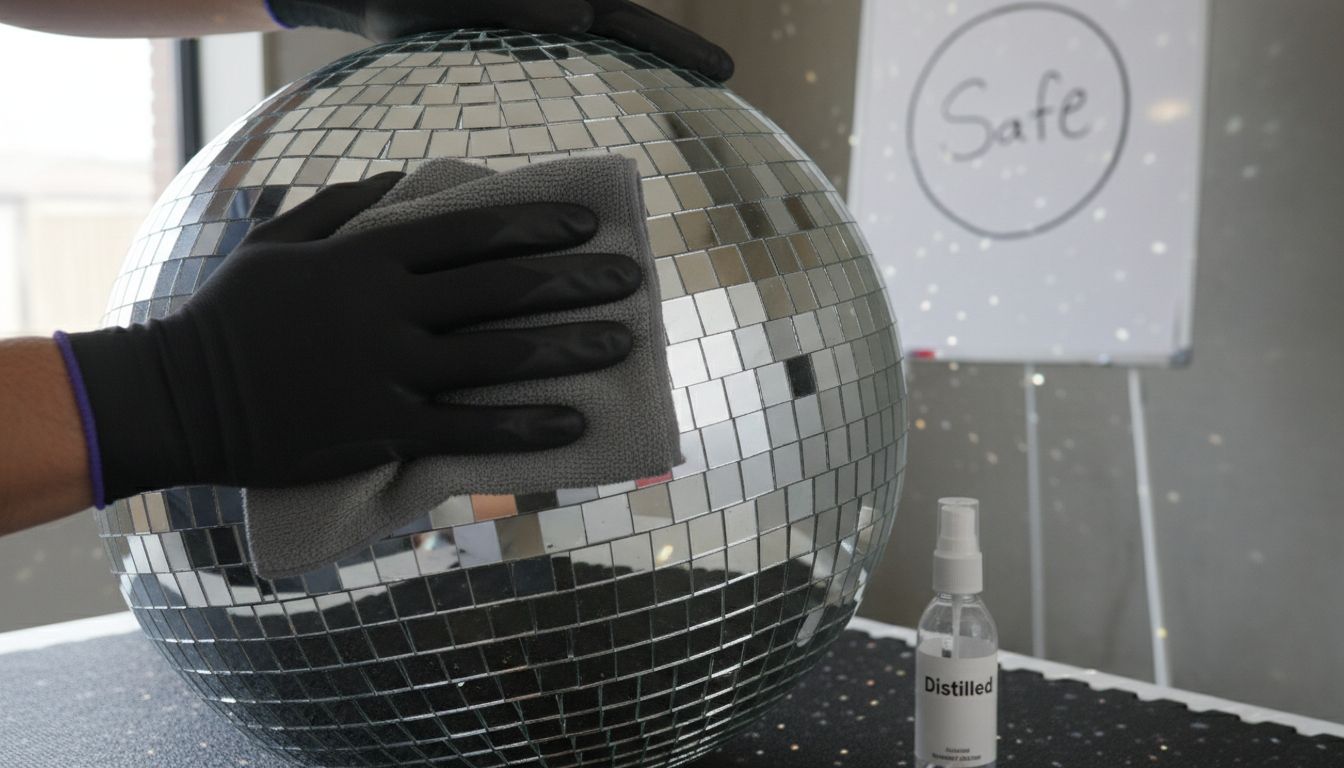 Close-up of cleaning mirror ball by hand