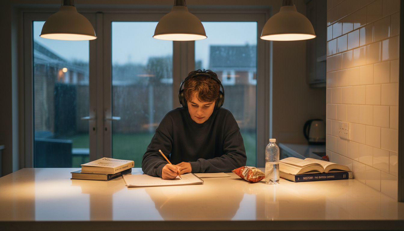 Homework in kitchen with reflected lighting