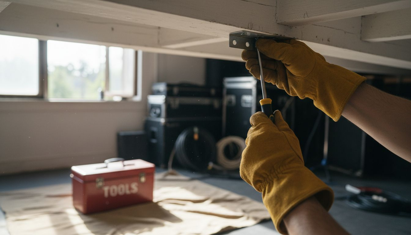 Hands installing bracket on ceiling beam