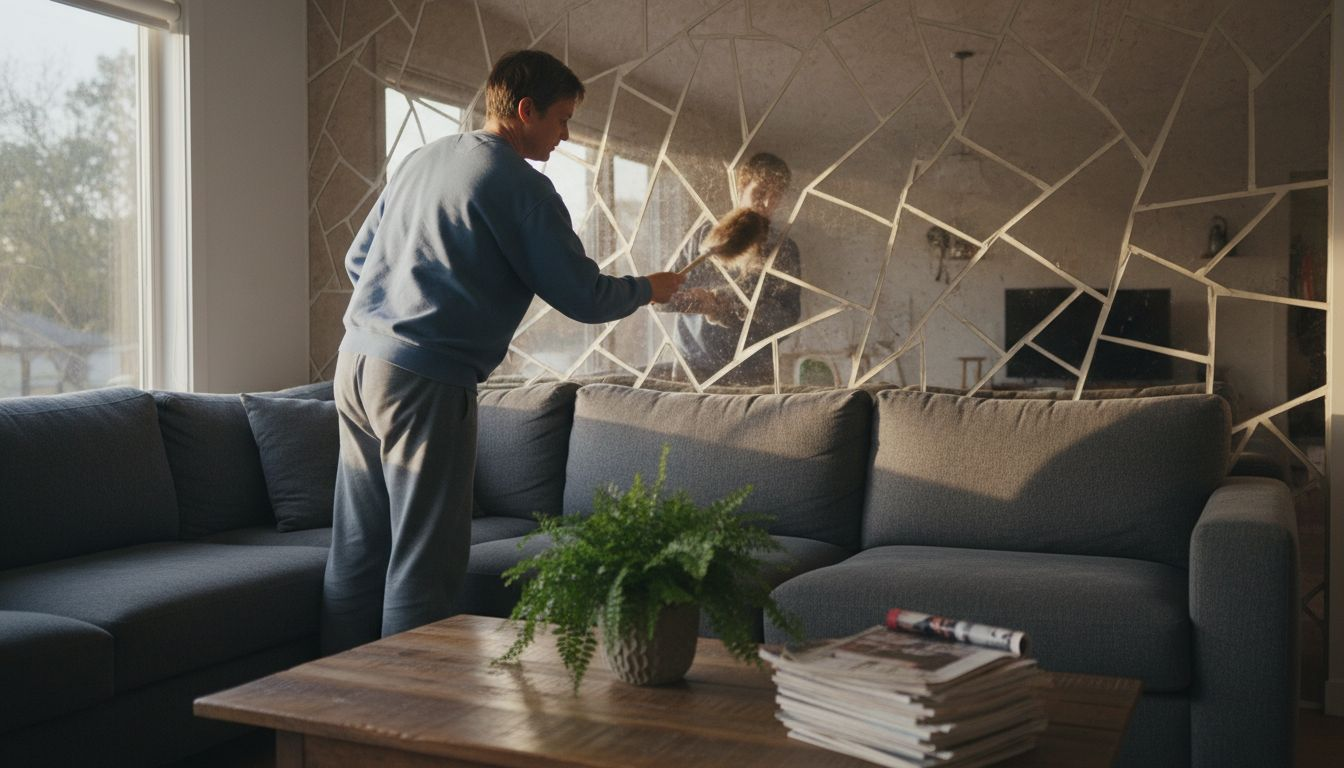 Homeowner cleaning mirrored mosaic living room wall