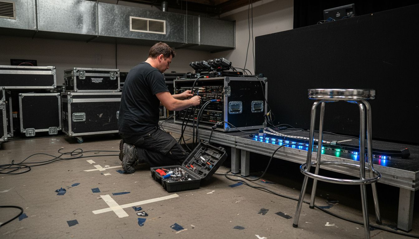 Installer wires lasers and LEDs for nightclub stage