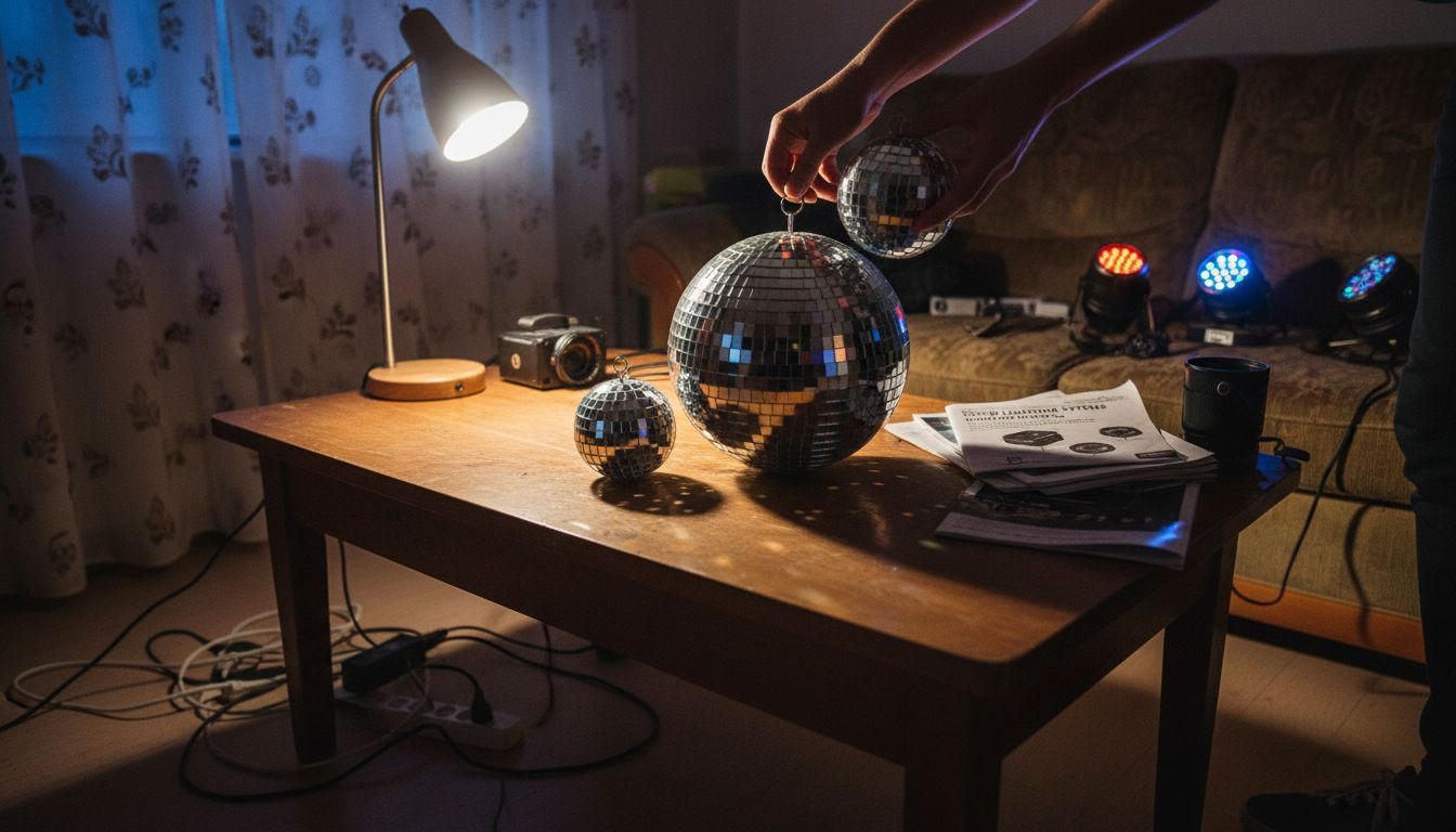 Hands comparing two sizes of mirror balls