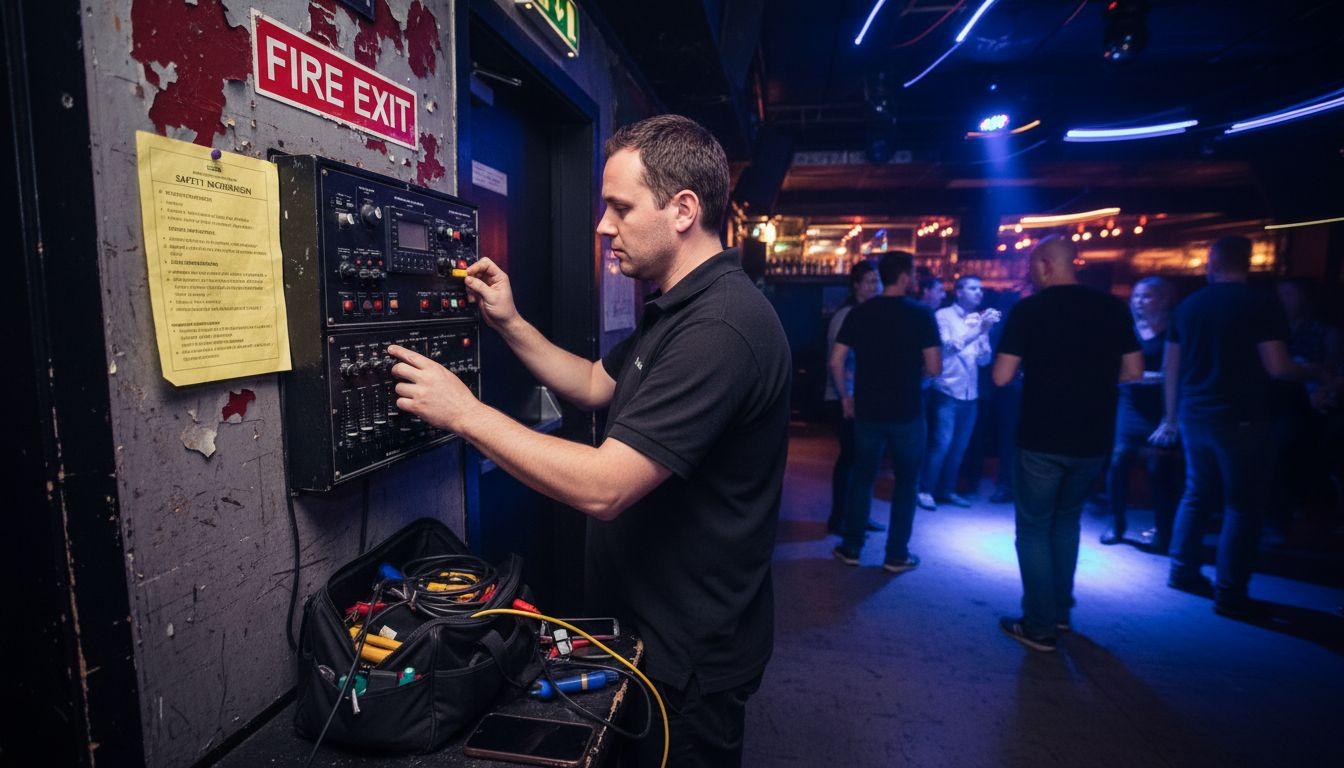 Technician inspecting nightclub lighting system for safety