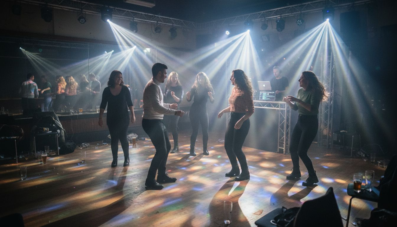 Party guests dancing with effect lights overhead