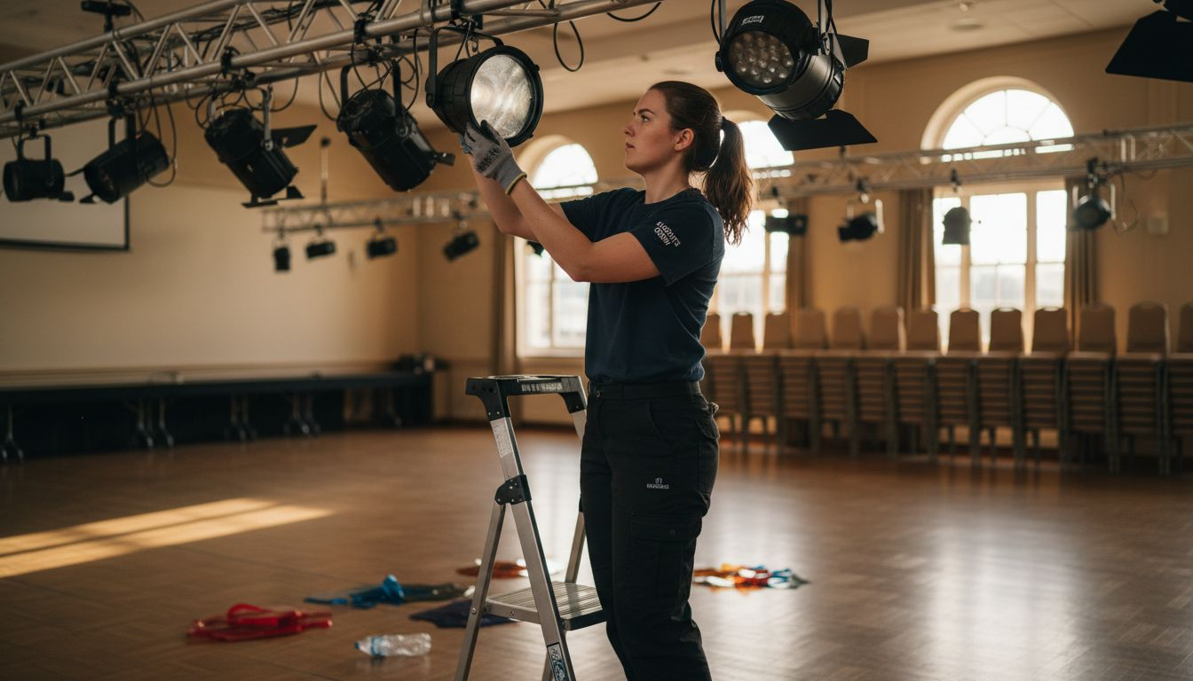 Staff member attaches diffusion filter to spotlight