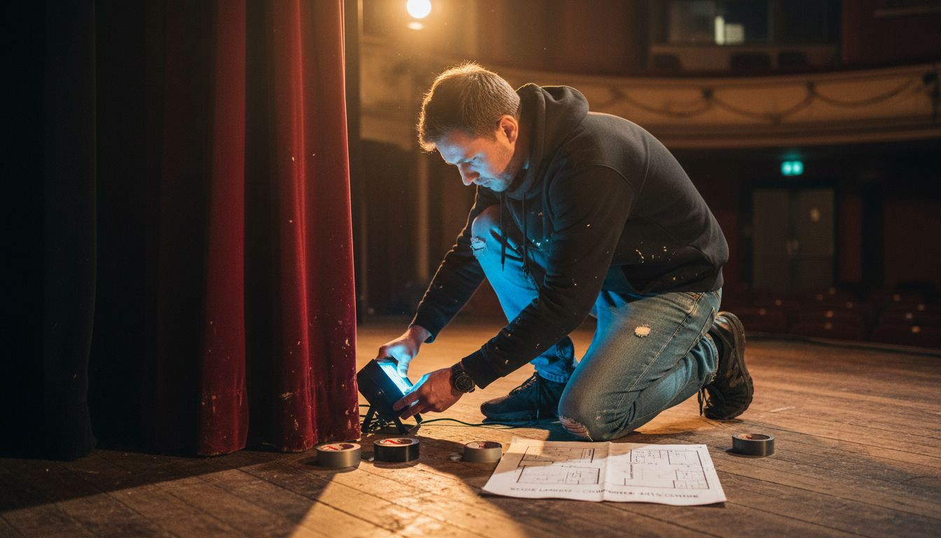 Technician setting uplight on theatre stage