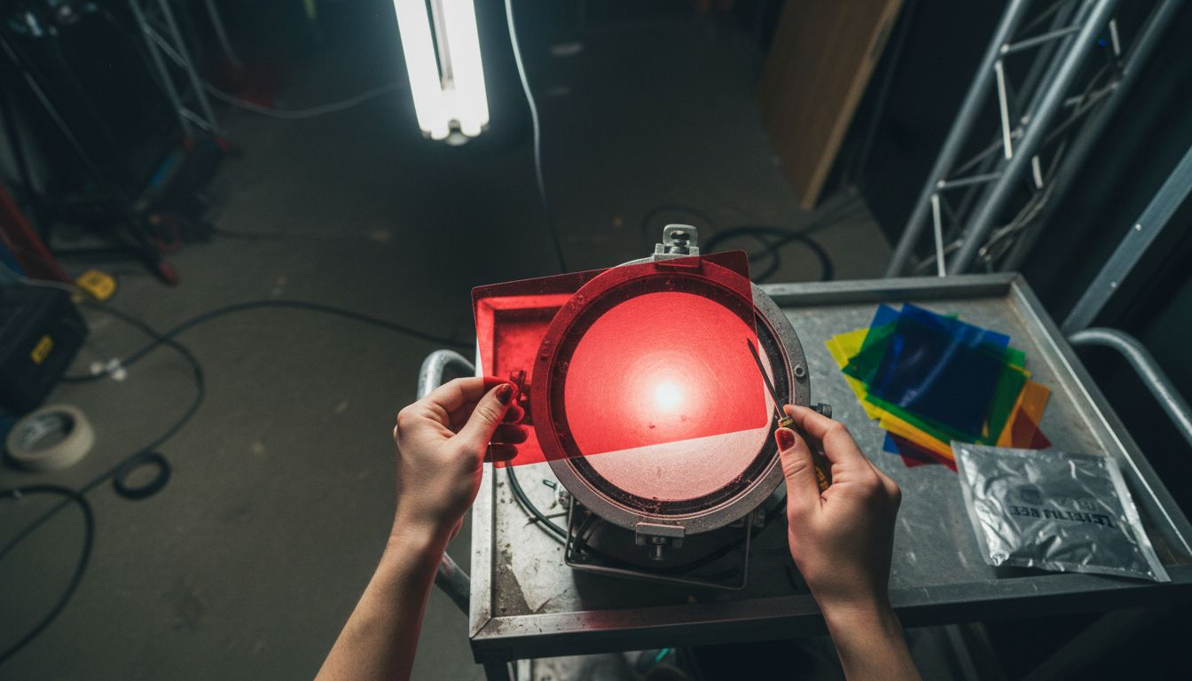Hands fitting red gel on stage light