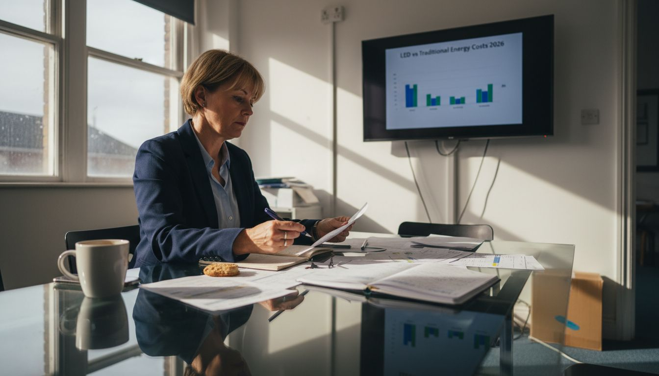 Manager reviewing LED event energy savings data