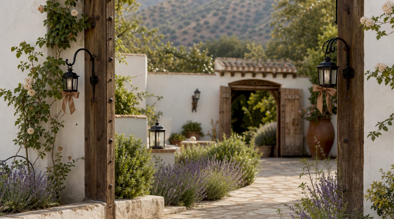 Exterior of boutique wedding villa at golden hour