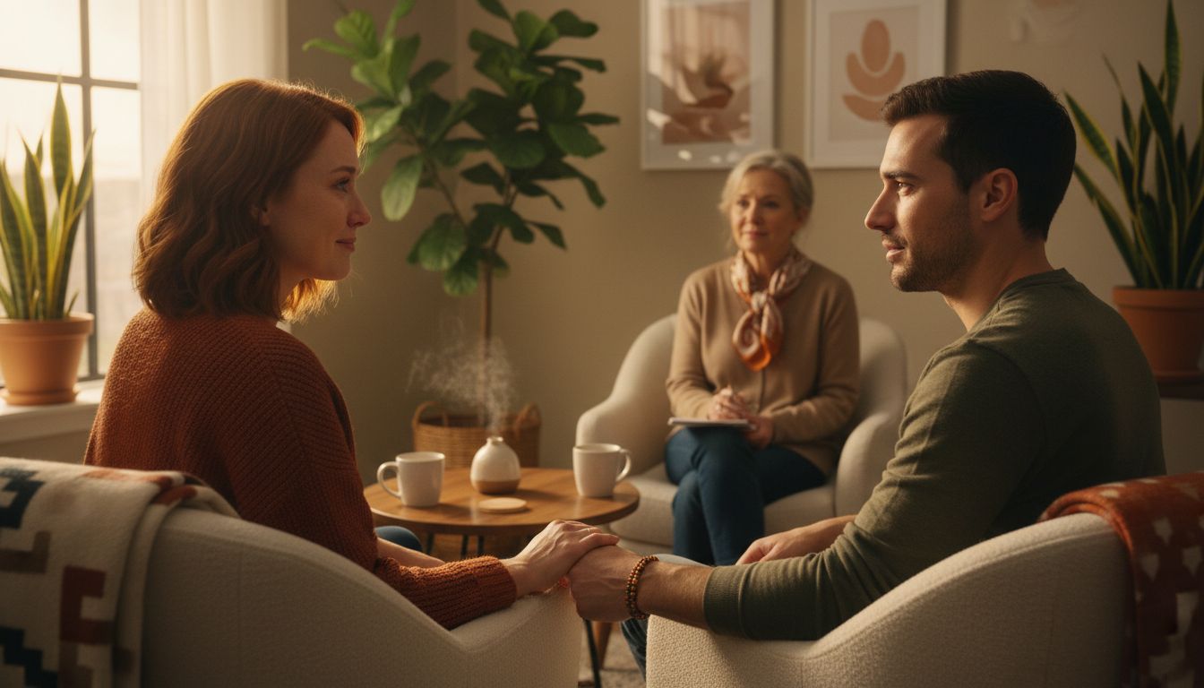 Couple conversing in a safe therapy environment