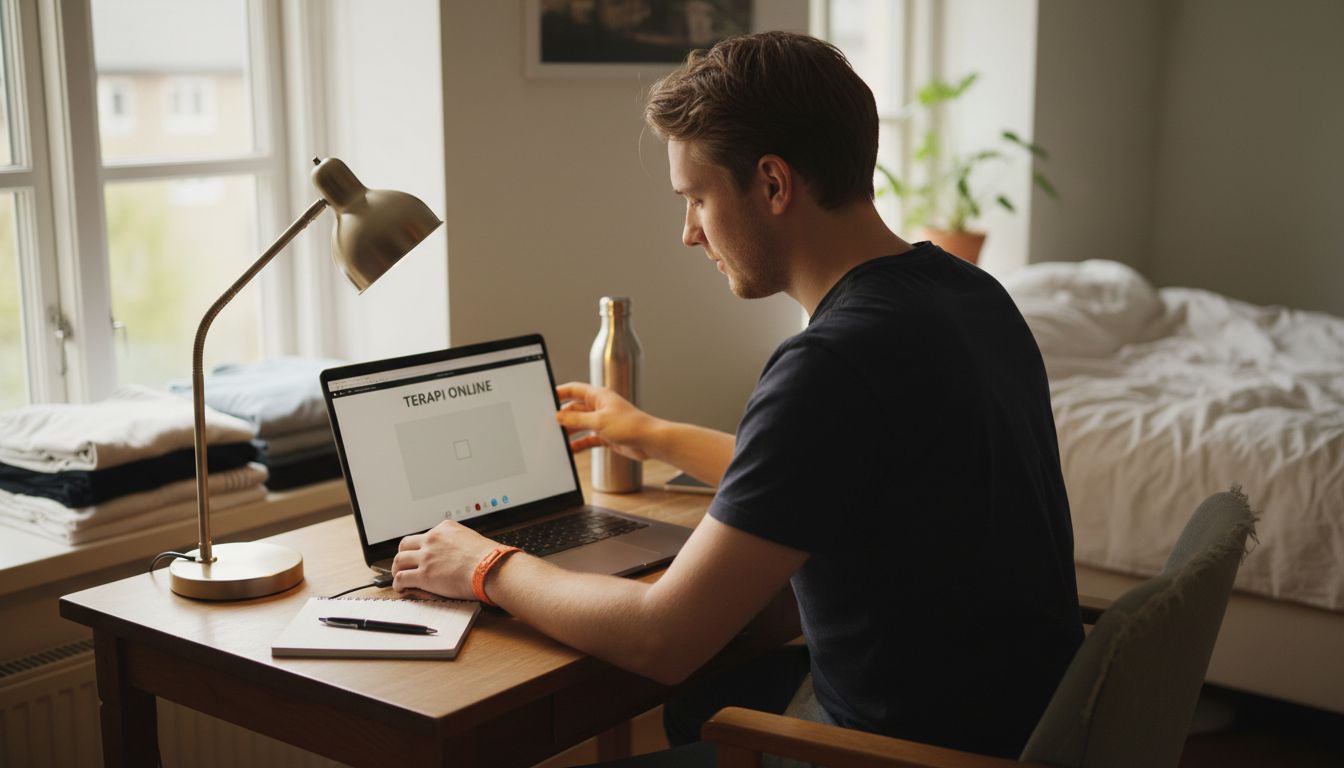 En mand gør sit skrivebord klar til et onlinemøde.
