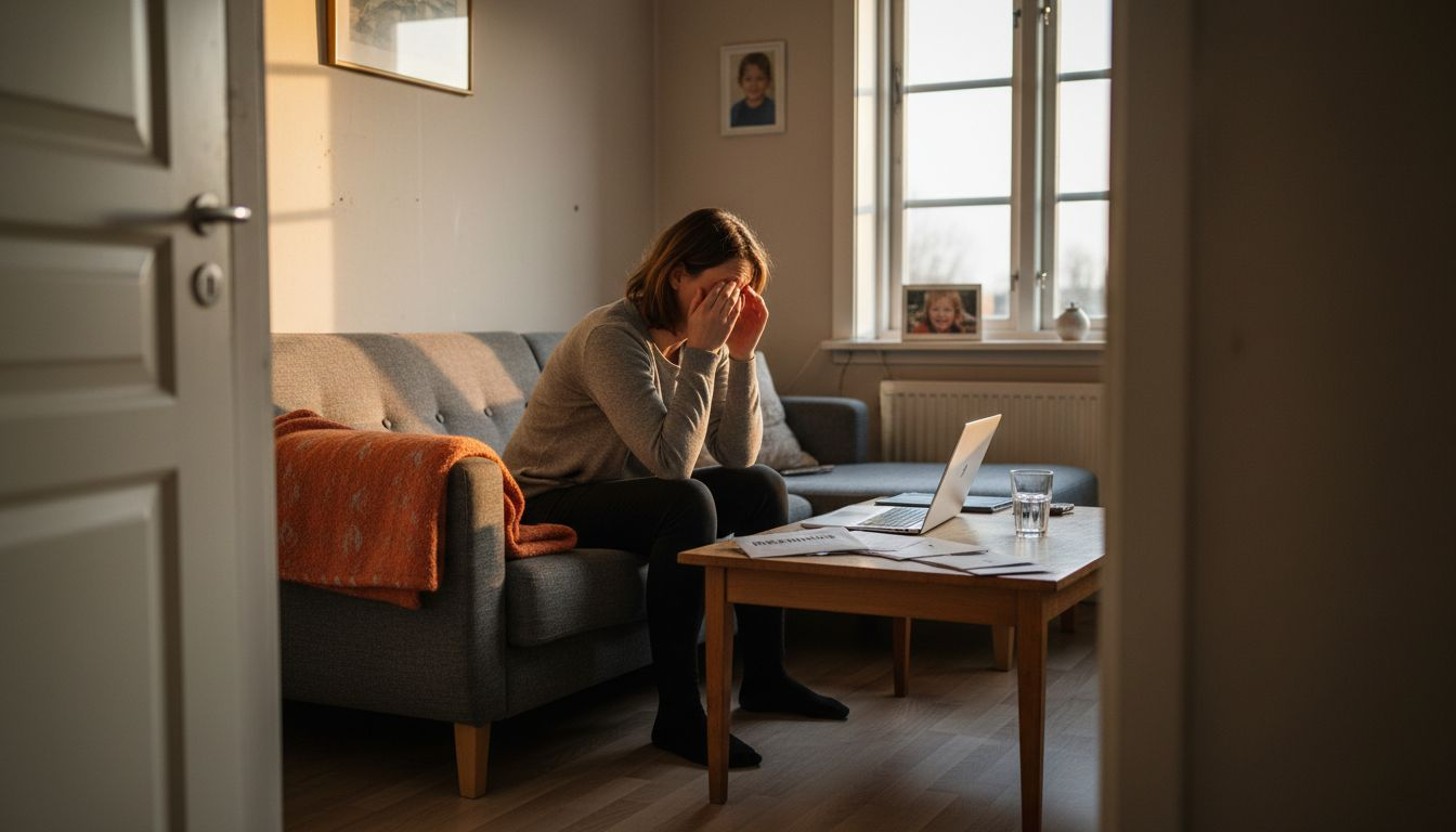Udbrændt kvinde sidder udmattet i sofaen i stuen