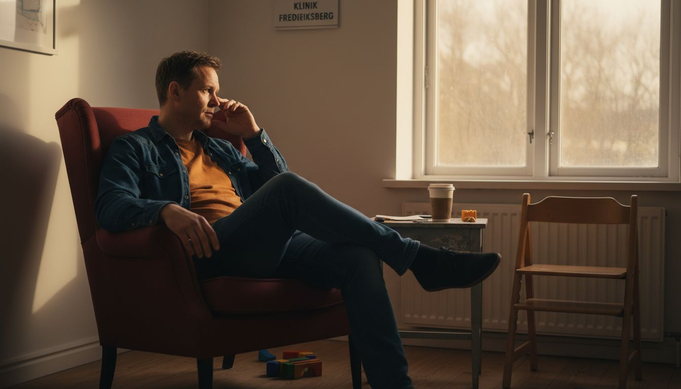 Udbrændt far slår sig ned i stolen hos psykologen pga efterfødselsreaktion