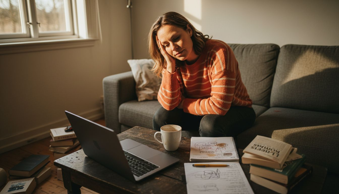 En kvinde virker stresset, mens hun opholder sig i stuen.