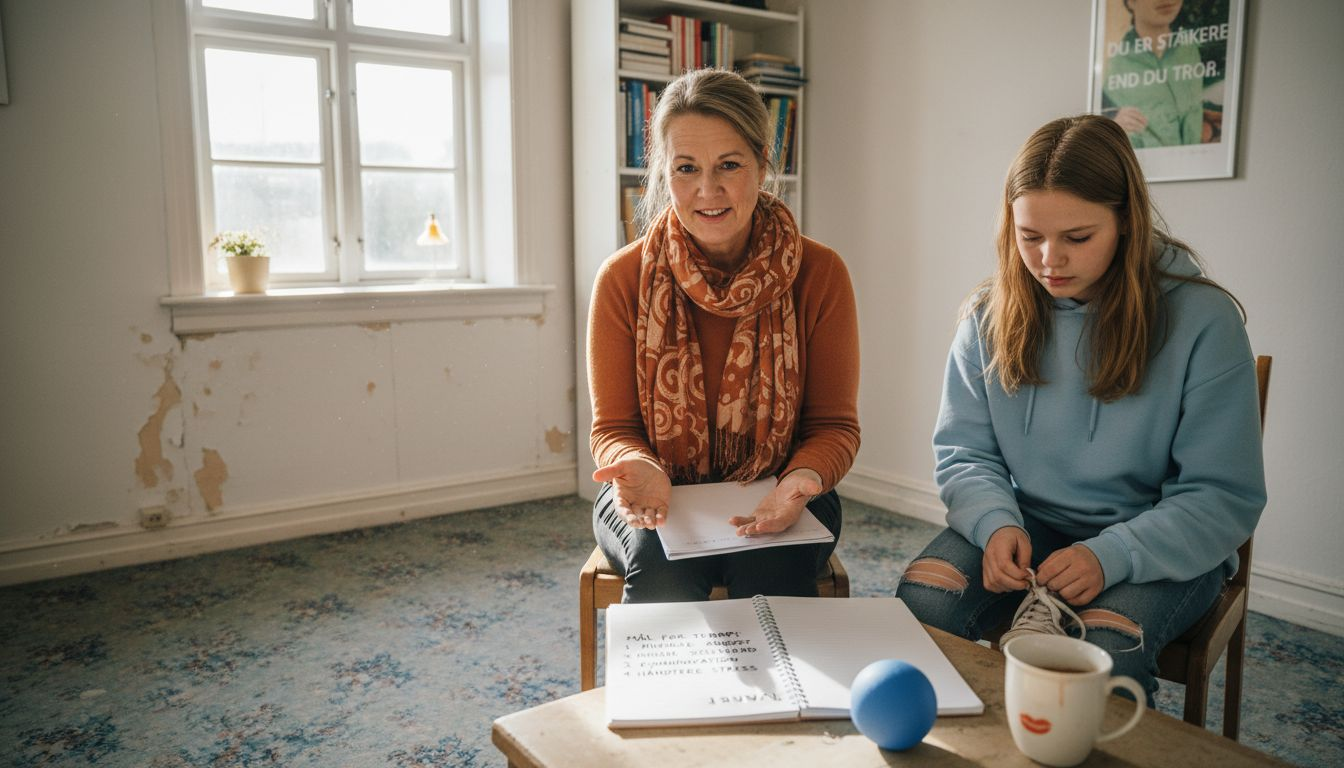 Ung pige i samtale med psykolog under et kognitivt forløb