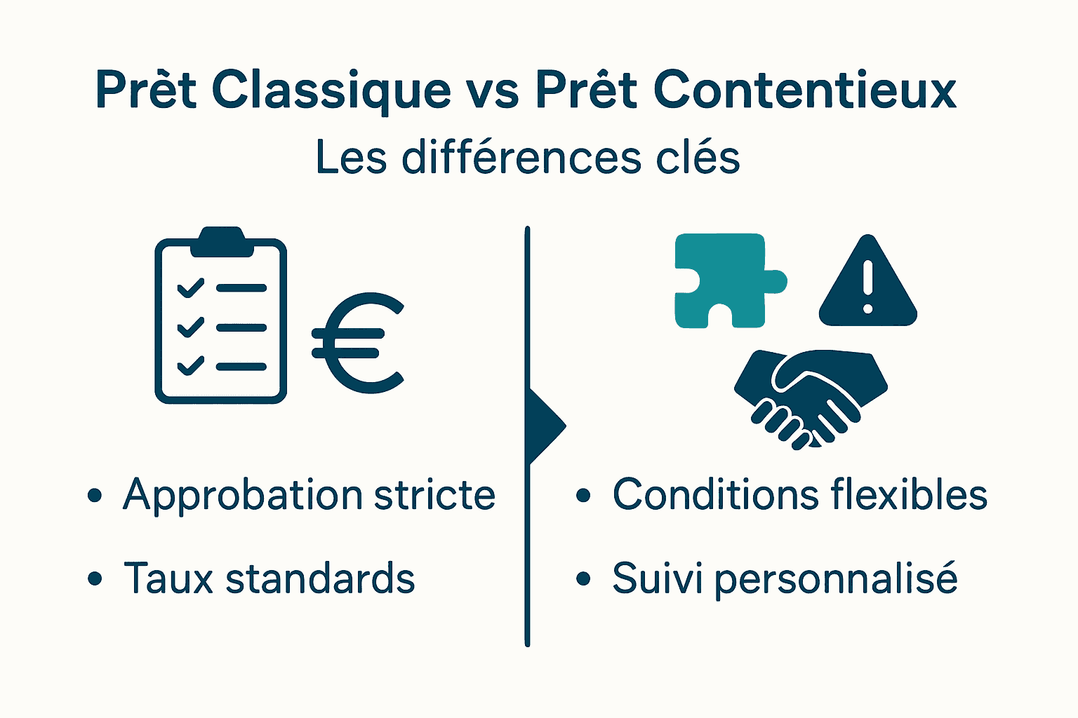 Infographie comparant prêt classique et contentieux