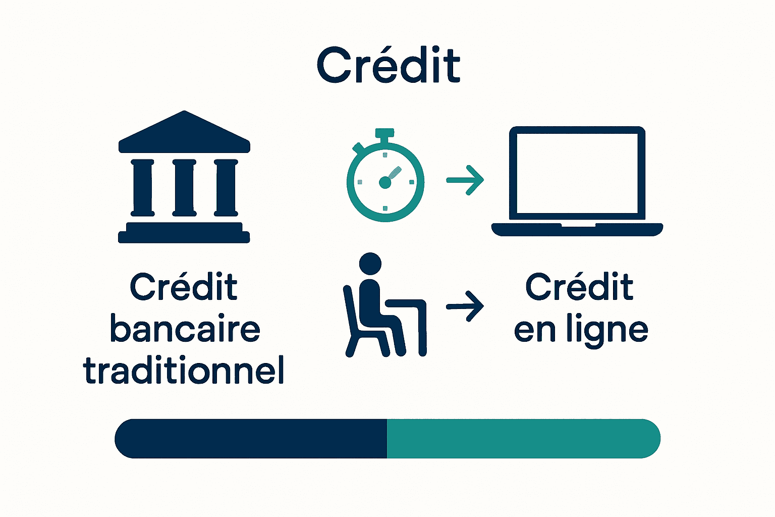 Crédit bancaire versus crédit en ligne esquissé en colonnes avec icônes.