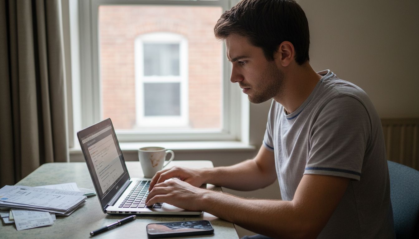 Man filling loan application at apartment desk