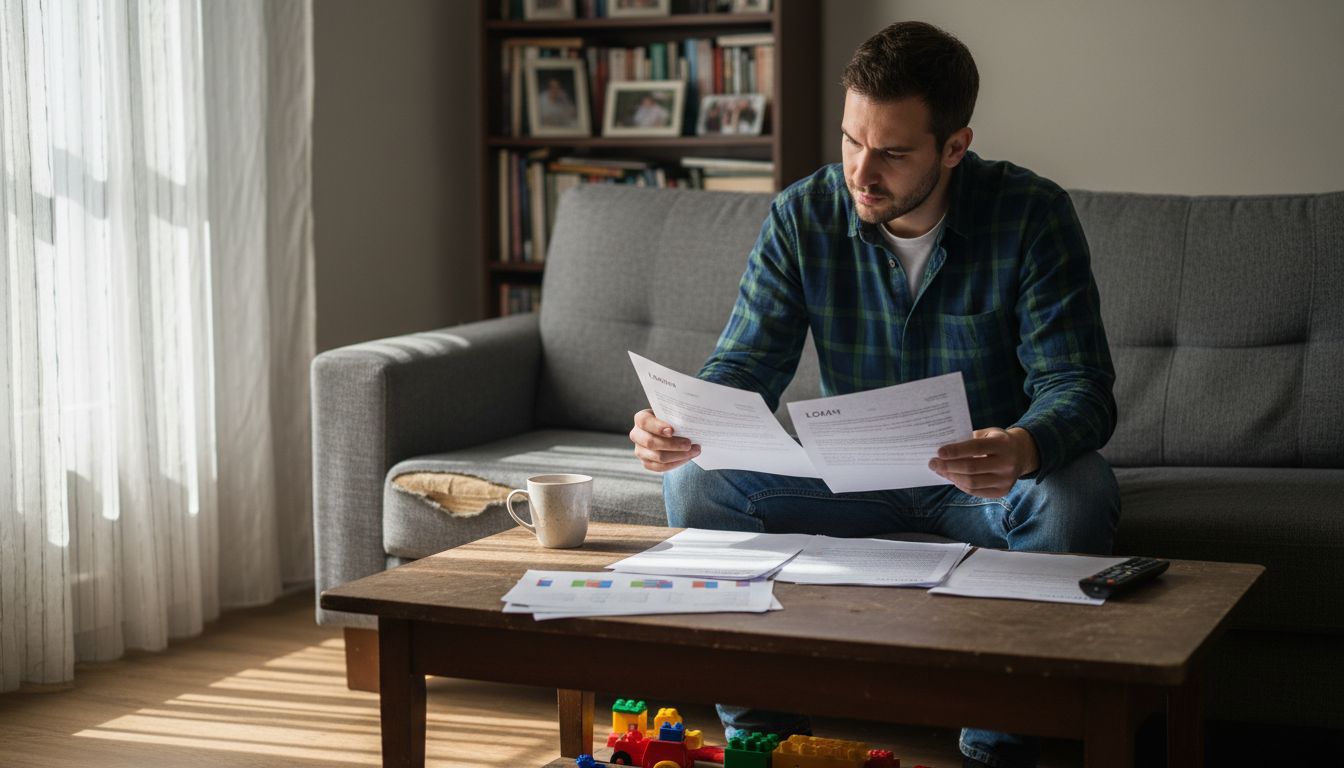 Man comparing credit agreements at home