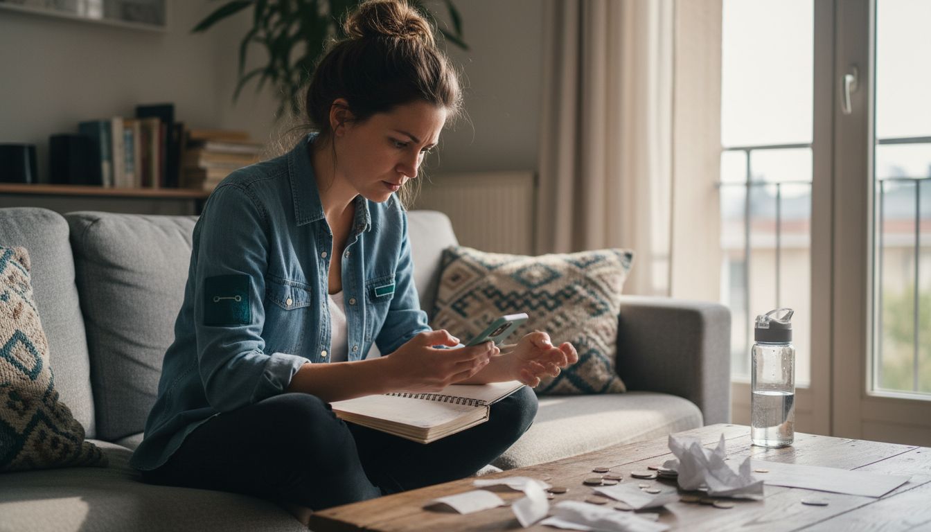 Woman reviewing personal finances on sofa